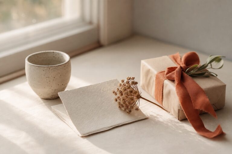 A handwritten note, ceramic cup, dried flower, and wrapped gift in soft window light