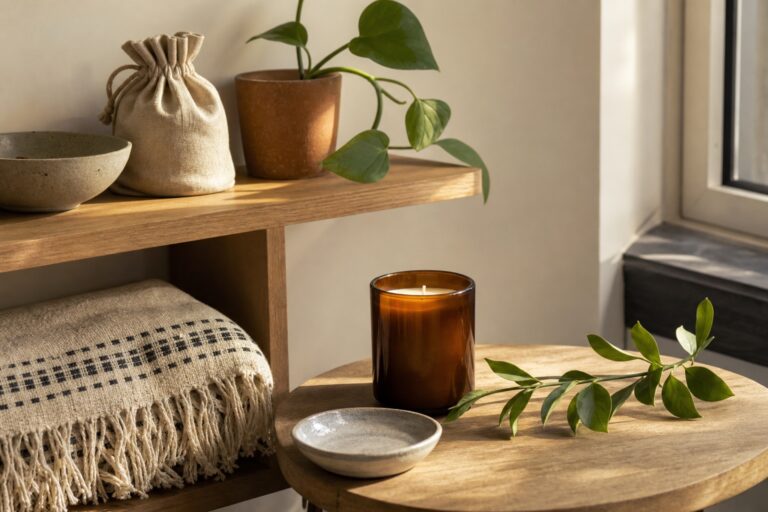 An amber candle, linen pouch, ceramics, and greenery in a warm apartment