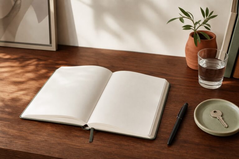 A blank planner, pen, key, and ceramic tray on a sunlit walnut desk